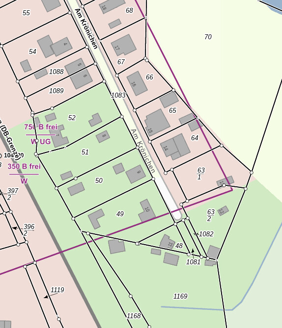 Lageplan mit Parzellen, Gebäuden und Grenzen auf einem Bebauungsplan