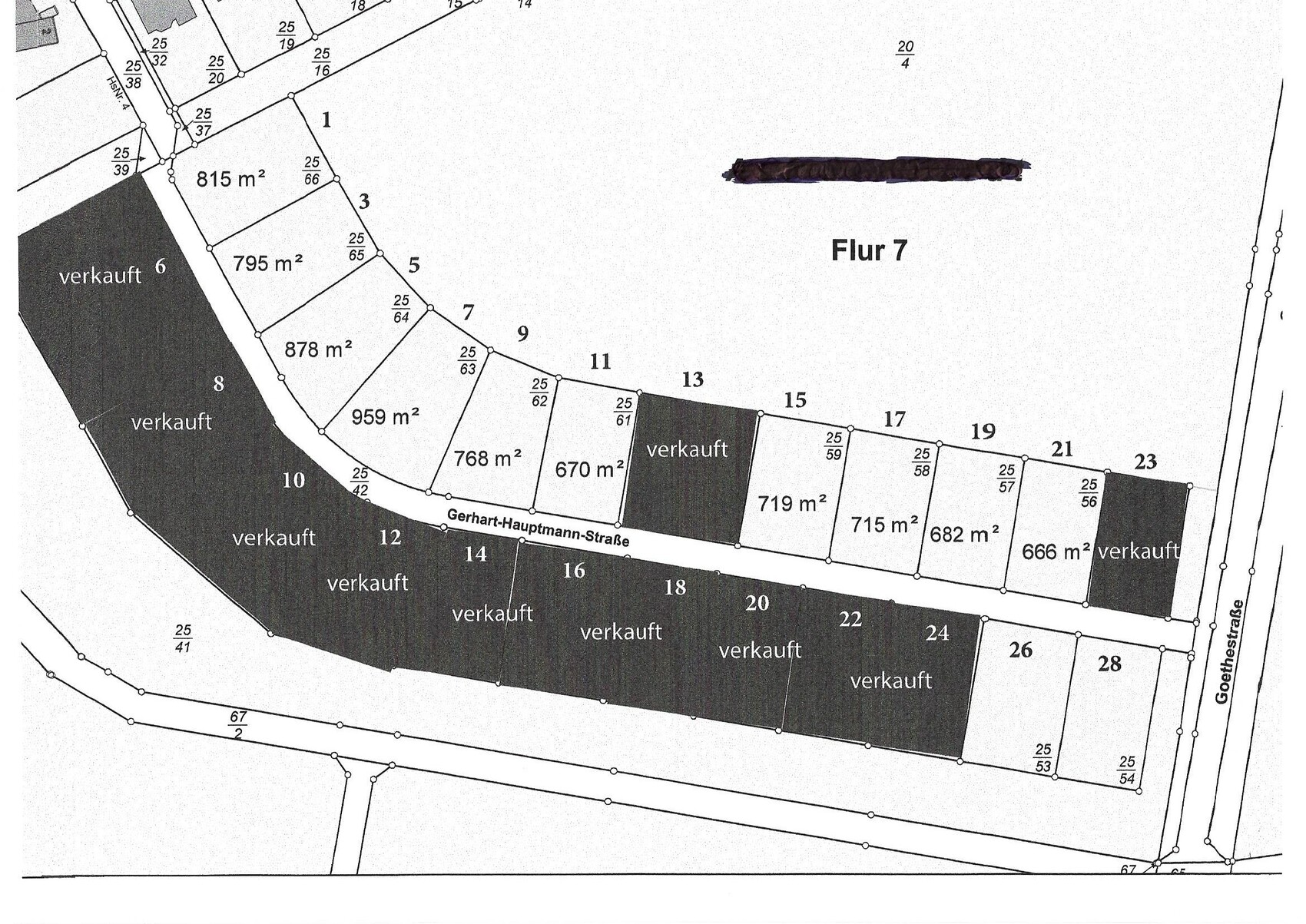 Lageplan mit mehreren Grundstücken; verkaufte Parzellen entlang Goethestraße, Flur 7