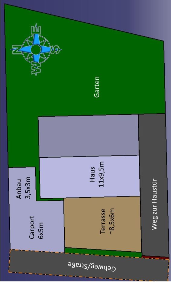 Grundriss eines Grundstücks: Garten mit Haus, Terrasse, Anbau, Carport, Weg zur Haustür und Gartenstraße