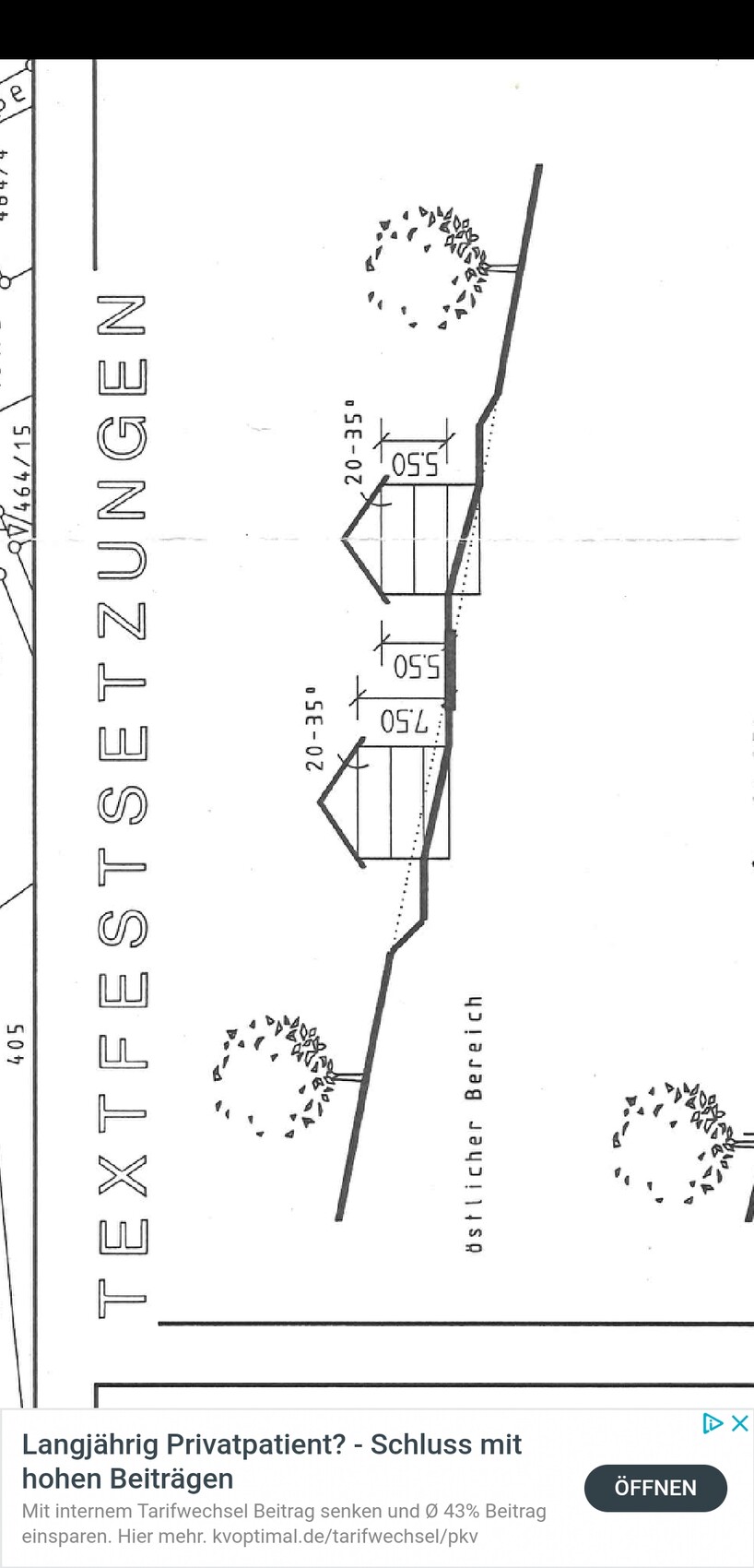 Draufsichtliches technisches Diagramm mit Maßlinien, Winkel (20–35°) und kreisförmigen Dreiecken; Bereich.