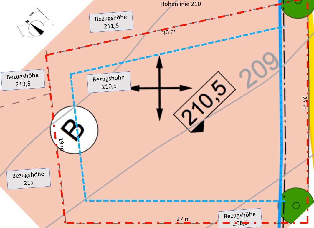 Lageplan mit Höhenbezug, Grenzlinien, Maßen und Parksymbol P.