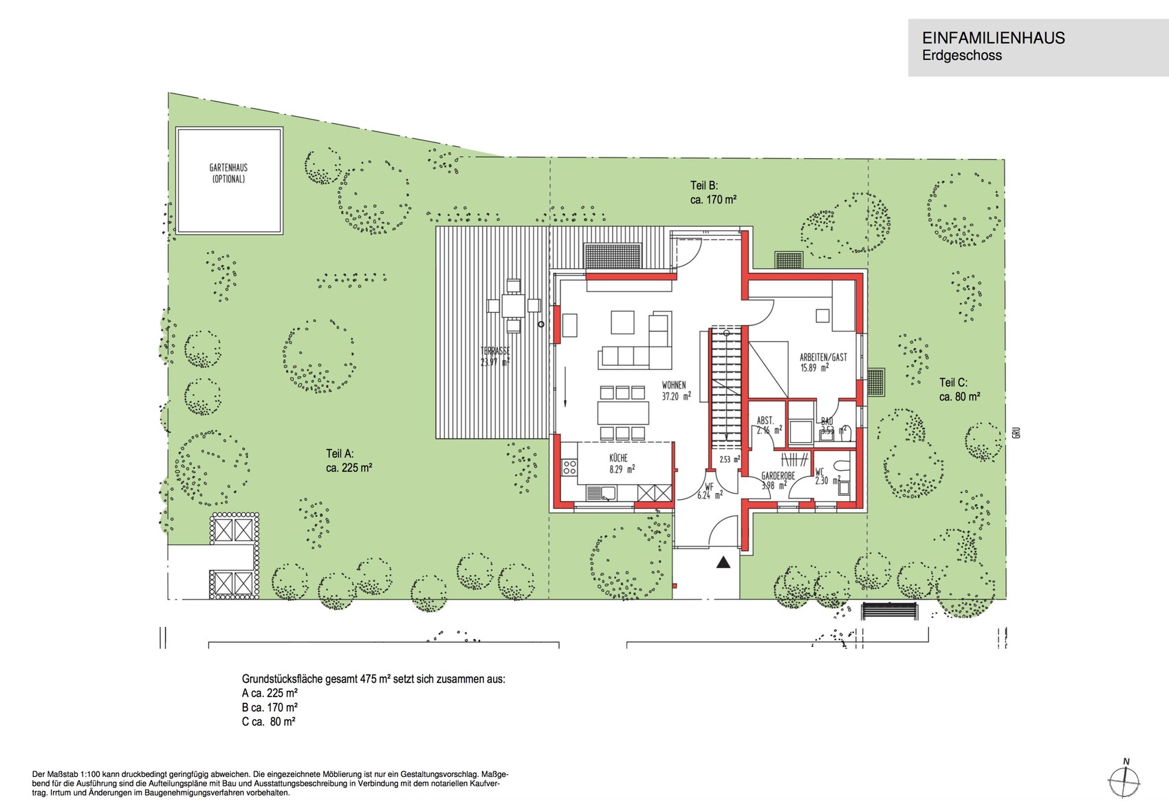 Grundstücksplan eines Einfamilienhauses mit Garten und Terrasse, Erdgeschoss