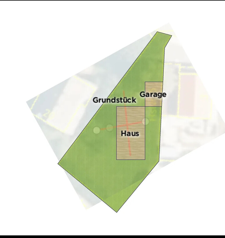 Grundstücksplan: grüne Fläche mit markiertem Haus (großes Rechteck) und Garage (kleines Rechteck).