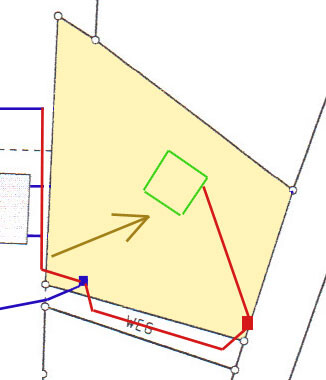 Lageplan eines Grundstücks mit gelber Baufläche, roter Randlinie und grüner Markierung.