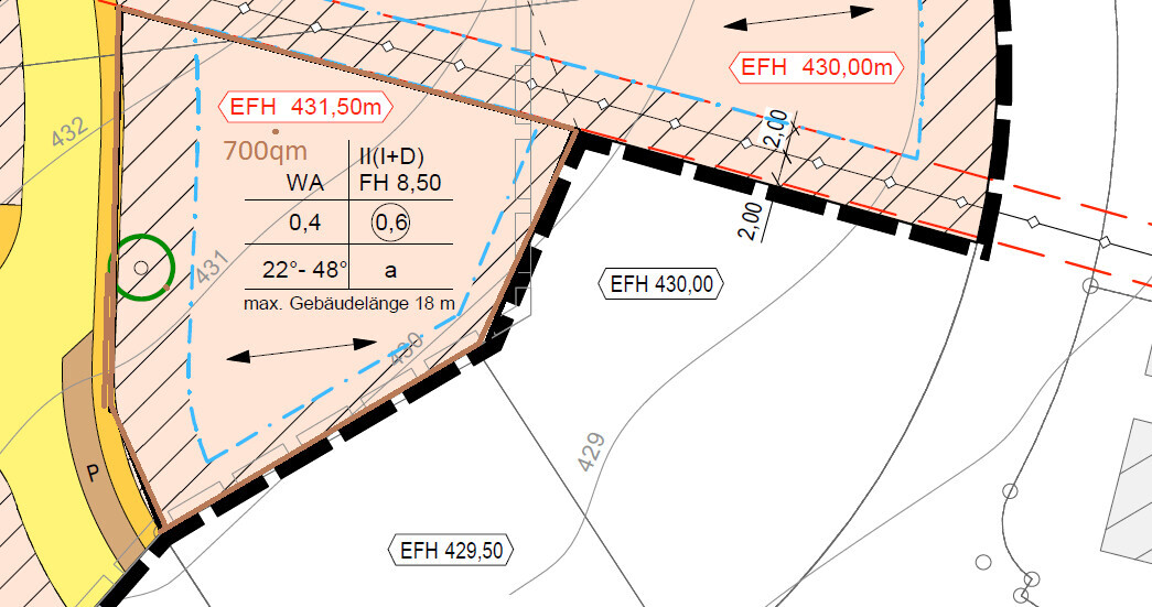 Lageplan eines Baugrundstücks: schraffierte Bauzone, Abstands- und Maßlinien.