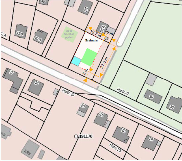 Lageplan eines Grundstücks mit Baufenster, grünem Rechteck und blauem Quadrat neben Nr.37.