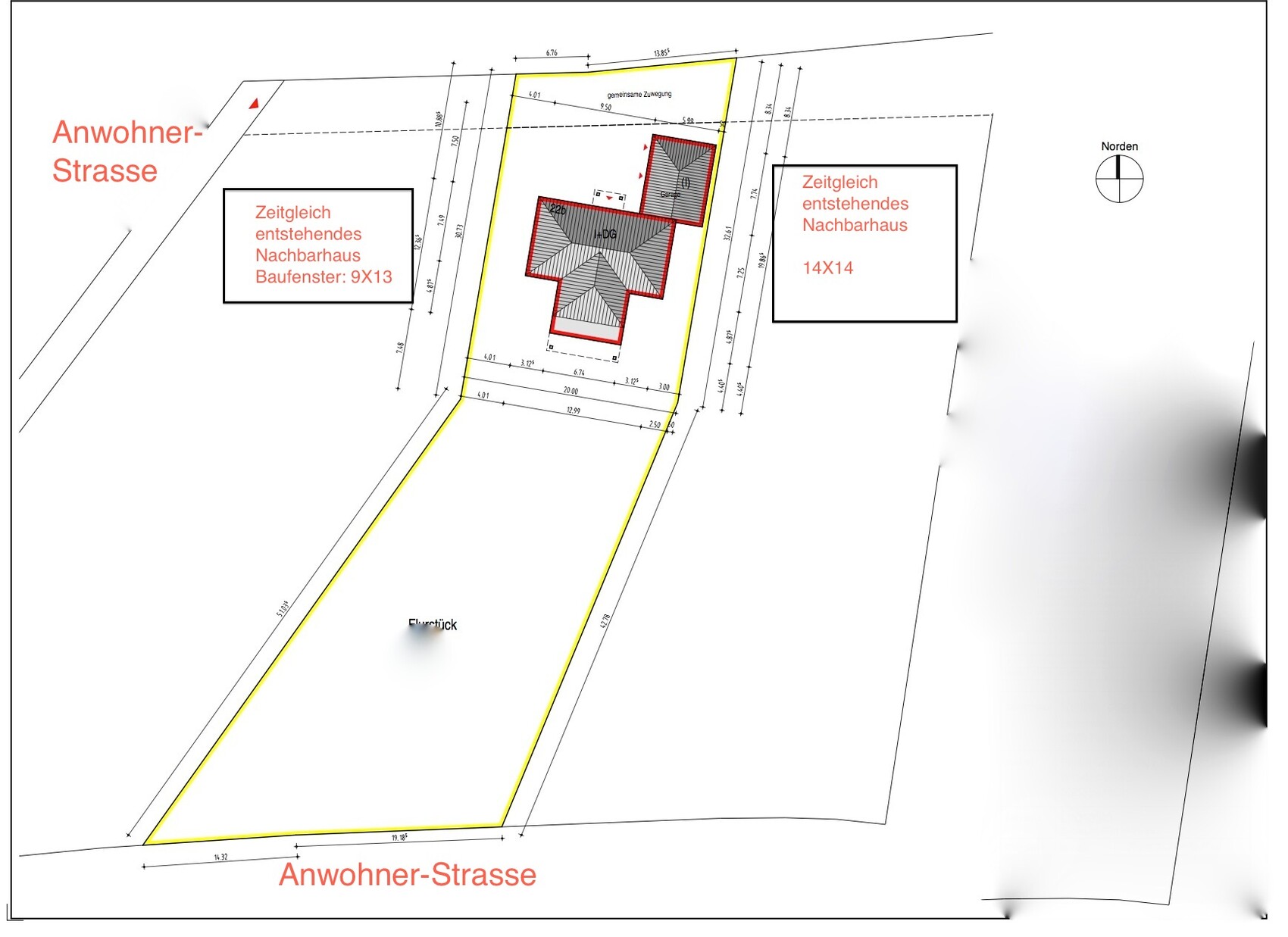Lageplan: Grundstück mit gelber Umrandung, rotes Gebäude, Nachbarhäuser, Anwohner-Strasse