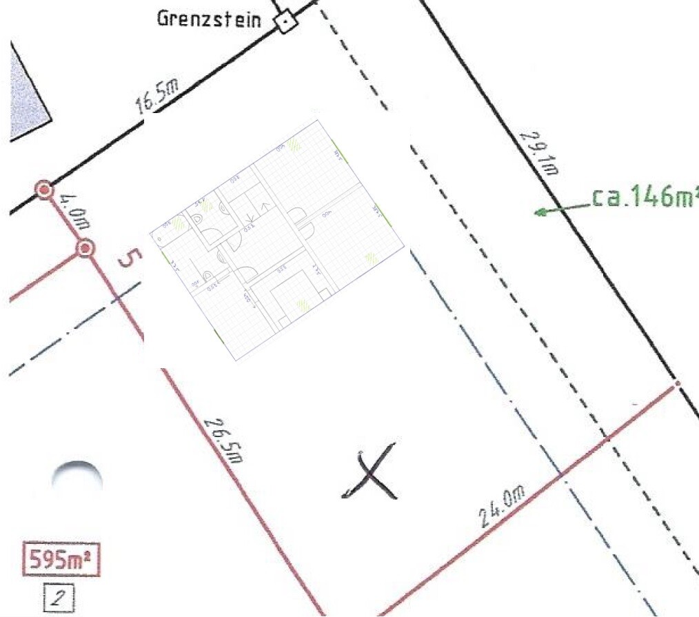 Grundstücksplan: Rechteck mit Grenzstein, Maße 16,5 m x 24,0 m, ca. 595 m², Gebäudeskizze.