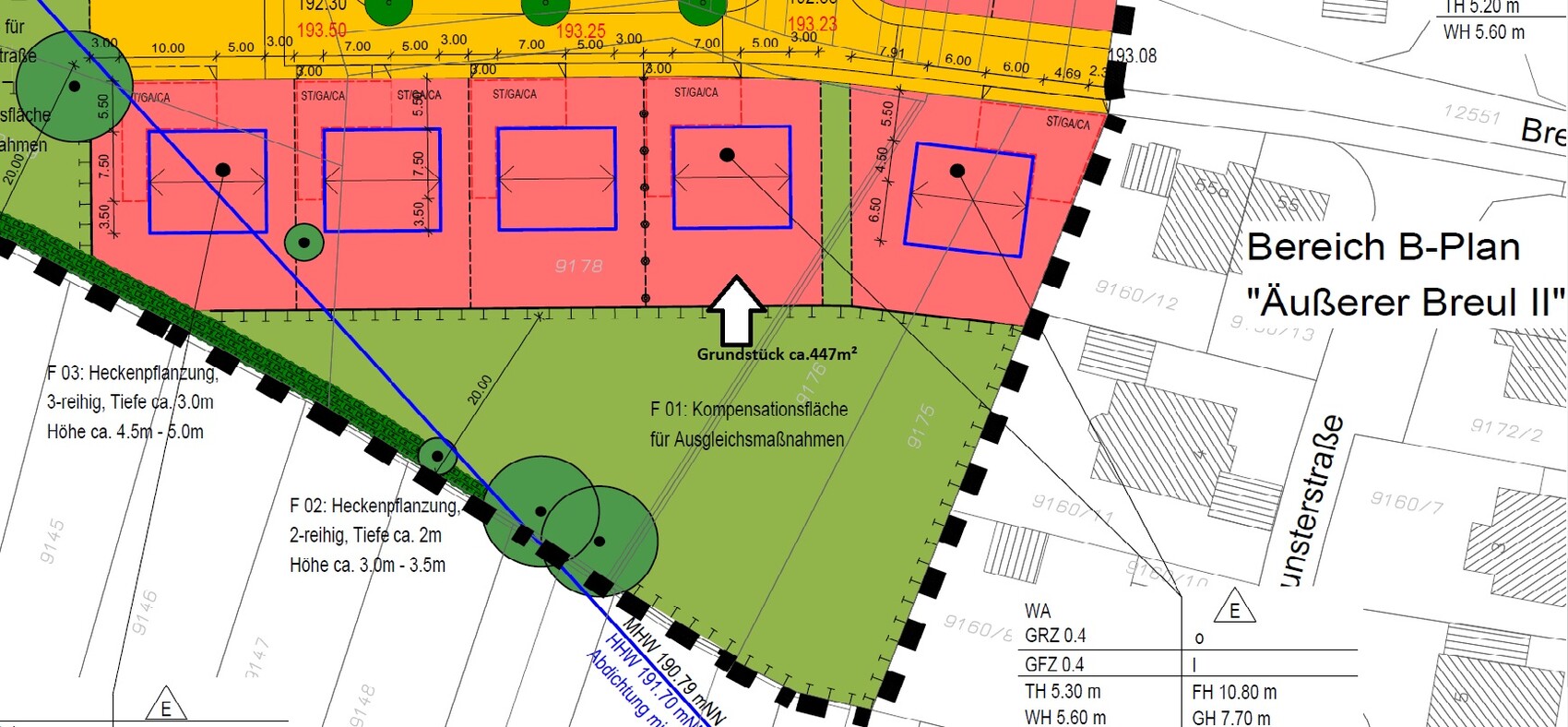 Lageplan eines Baugrundstücks mit farblich markierten Zonen und B-Plan Bereich