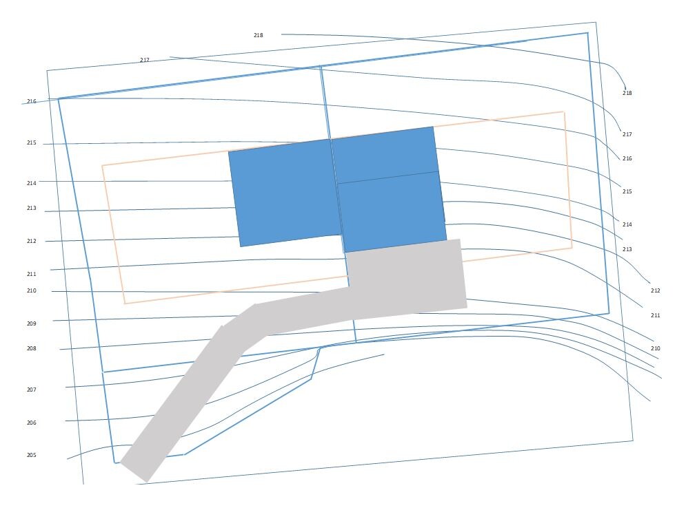 Technische Zeichnung: blaue Linien, orange Rahmen, zwei blaue Quadrate überlappen, grauer Balken.