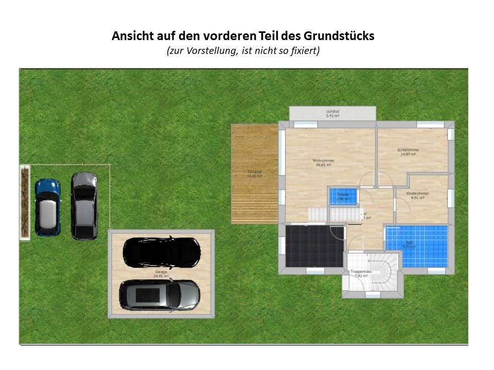 Vogelperspektive: Hausgrundriss mit Garten, Terrasse, Parkplätze und Garage
