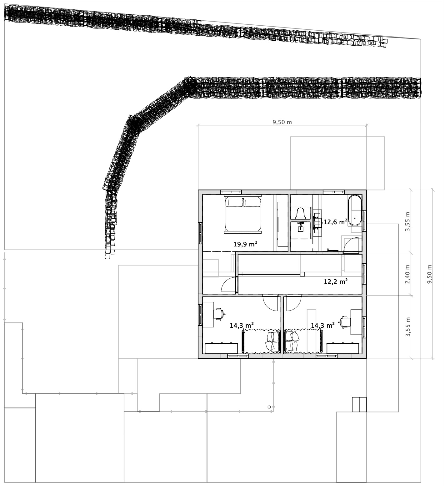 Architektur-Grundriss eines kleinen Hauses: zwei Schlafzimmer, Bad, Flur; Außenbereich.