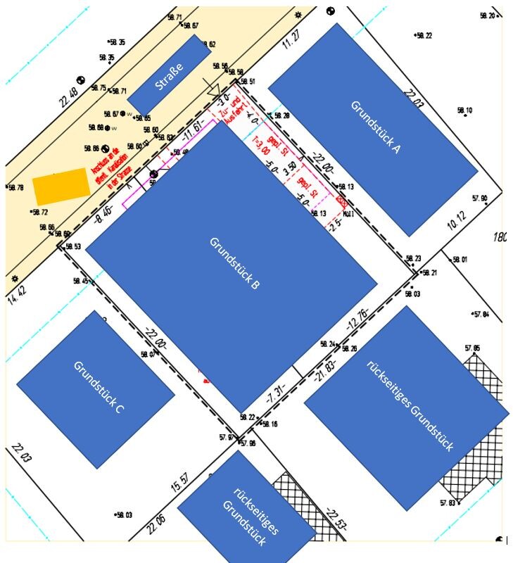 Lageplan: Blaue Flächen A, B, C, und rückseitiges Grundstück neben der Straße.