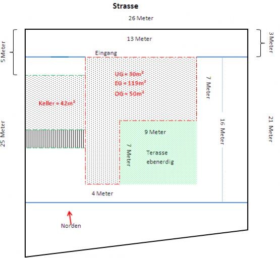 Grundstücksplan mit Eingang, Keller, Terrasse und Garten im Plan