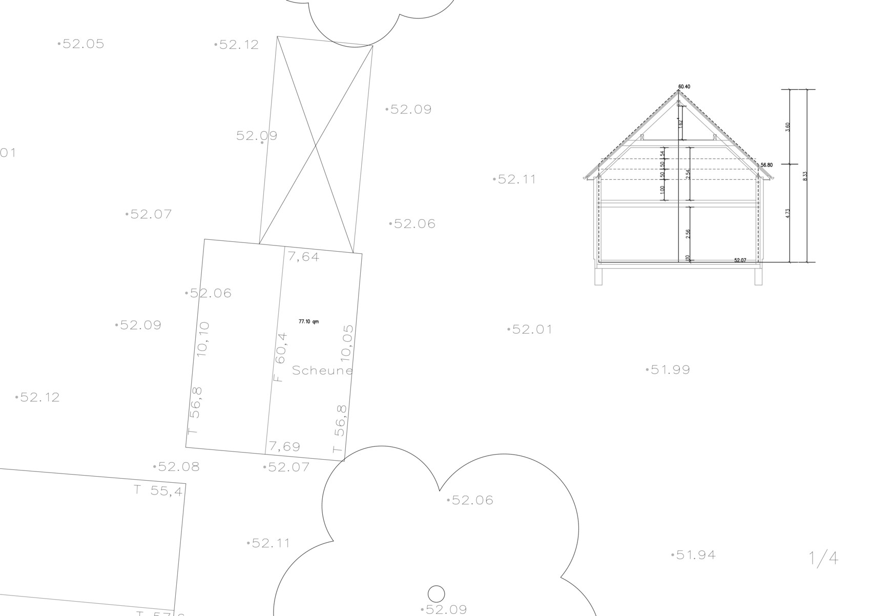 Architekturplan: Linker Grundriss eines Scheunengebäudes mit Maßen; rechter Hausquerschnitt mit Höhe