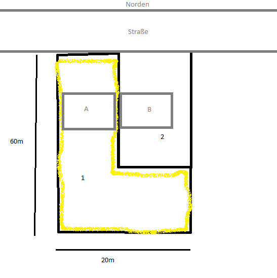 Schematischer Lageplan: Straße im Norden, äußere Grenze, gelber Weg, Bereiche 1,2 und A,B.