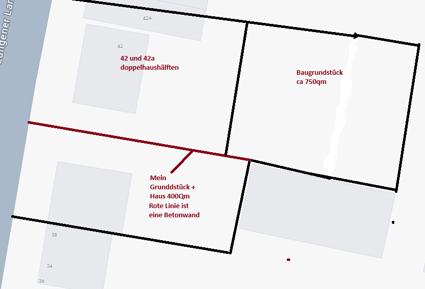 Linke 42/42a Doppelhaushälften; rechts 750 qm Baugrund; eigenes Grundstück 400 qm, rote Linie.