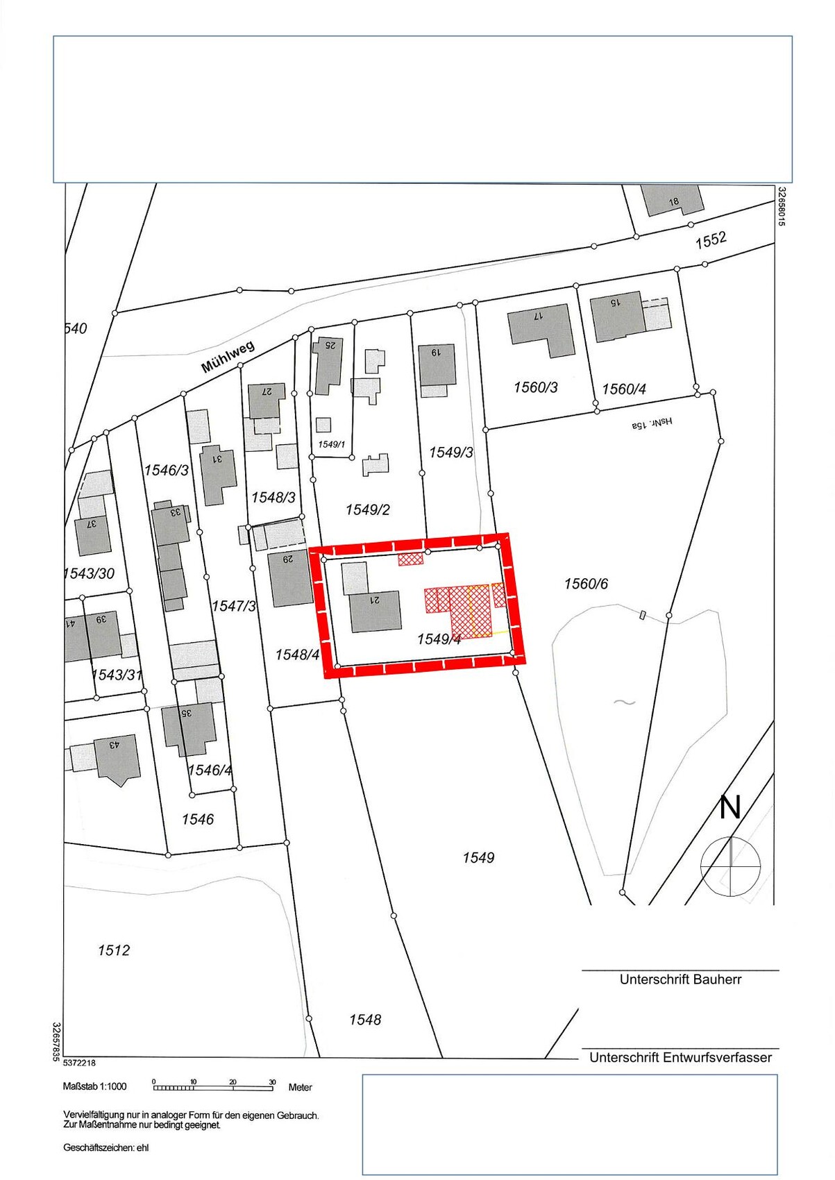 Lageplan eines Grundstücks mit rot gestrichelter Umrandung um das Baugrundstück 1549/4.