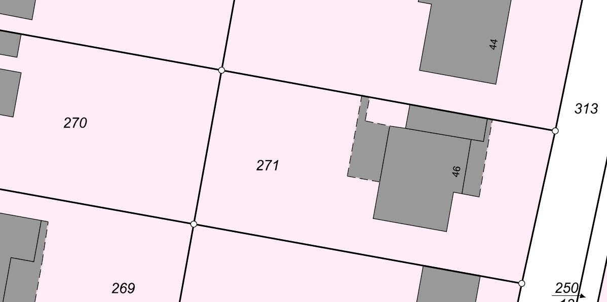 Katasternkarte: pinke Parzellen 270–271, graue Gebäude, Beschriftungen 271, 270, 269, 313