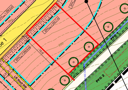 Lageplan eines Baugebiets mit rotem Rechteck, Konturen und Kreisen.