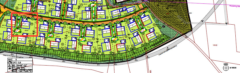 Lageplan eines Baugebiets mit Grundstücken, Straßen, Grünflächen und Gebäudeeinheiten