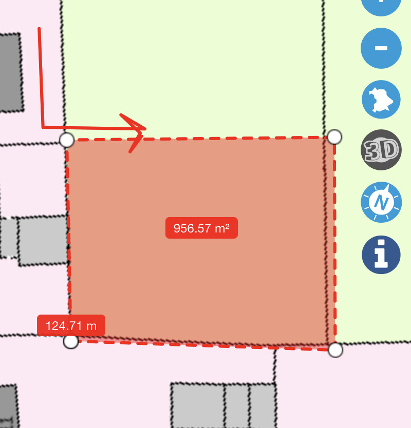 Karten-Parzelle: rotes gestricheltes Rechteck, Fläche 956,57 m², Länge 124,71 m.