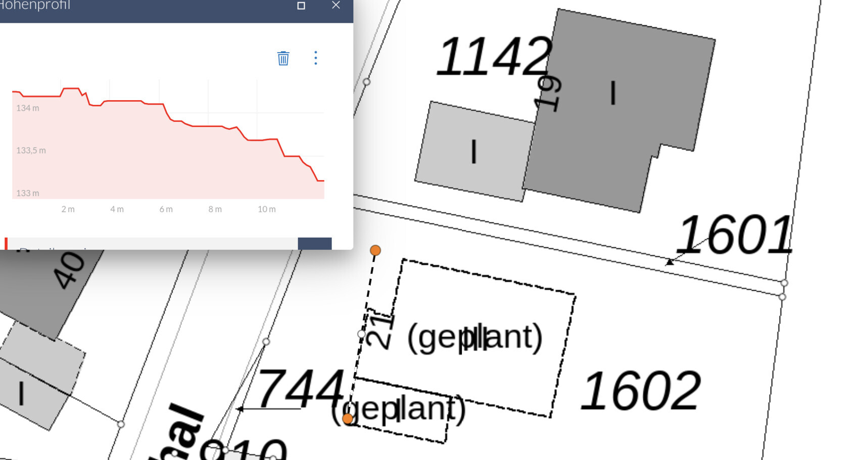 Siteplan: zwei graue Gebäudeflächen; Parzellen 1142, 1601, 1602; geplant.