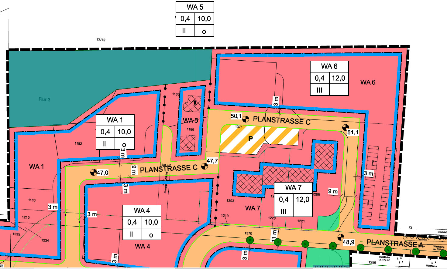 Detaillierter Lageplan: farbige Bauflächen WA 1–WA 7, Straßenverlauf, Grünflächen.
