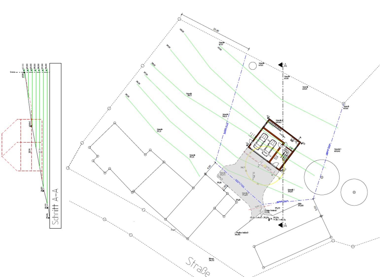 Lageplan eines Baugrundstücks mit Haus, Zufahrt, Bäumen, Maßlinien und Schnitt A-A.