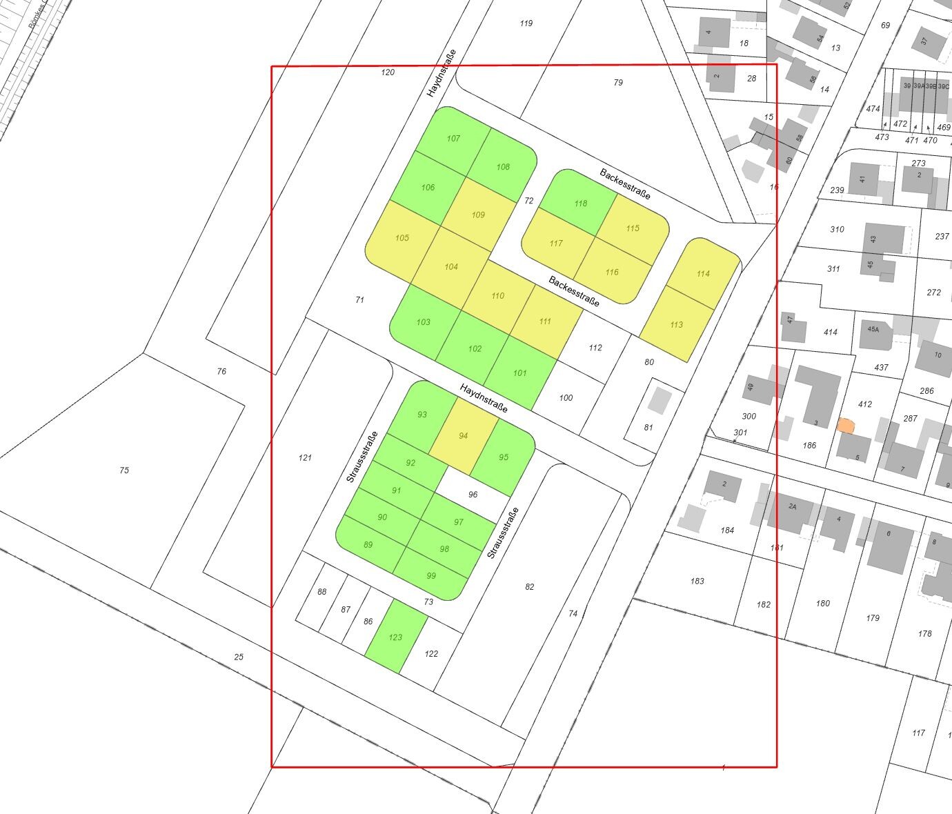 Lageplan mit farblich markierten Parzellen in Grün und Gelb innerhalb einer Siedlung
