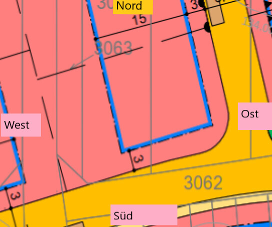 Kartenabschnitt: pinke Zonen, gelbe Straßen, blaue Grenzlinie; Richtungen Nord, Süd, West, Ost.
