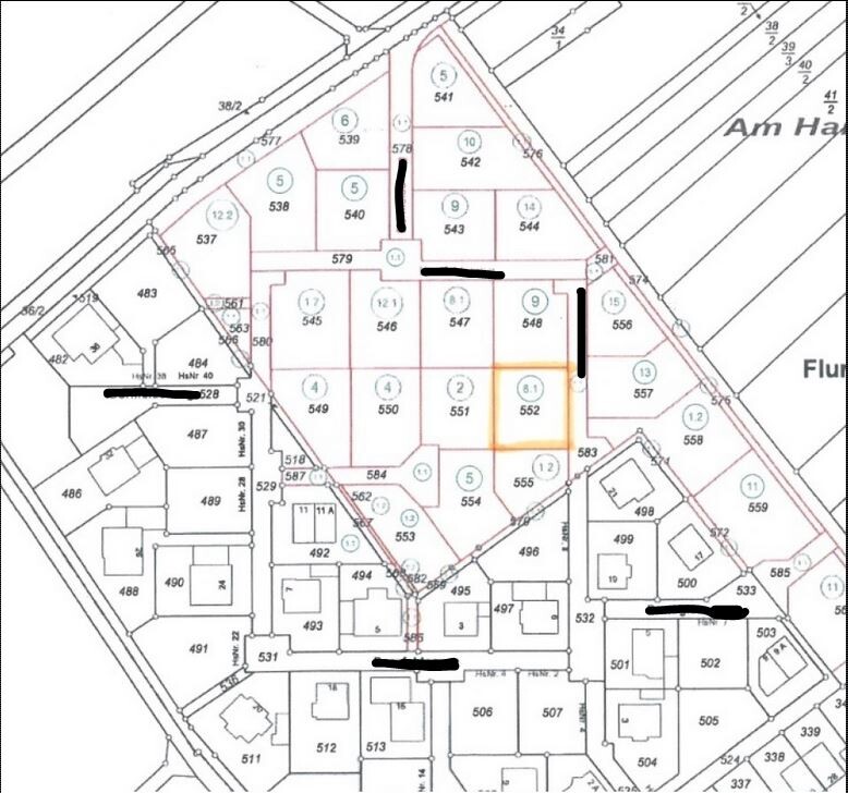 Lageplan eines Baugebiets mit Parzellen-Nummern; schwarze Linien heben Abschnitte hervor.
