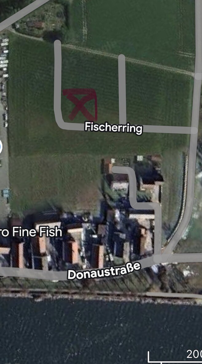 Satellitenbild eines Grundstücksbereichs an der Donau mit Donaustraße und Fischerring