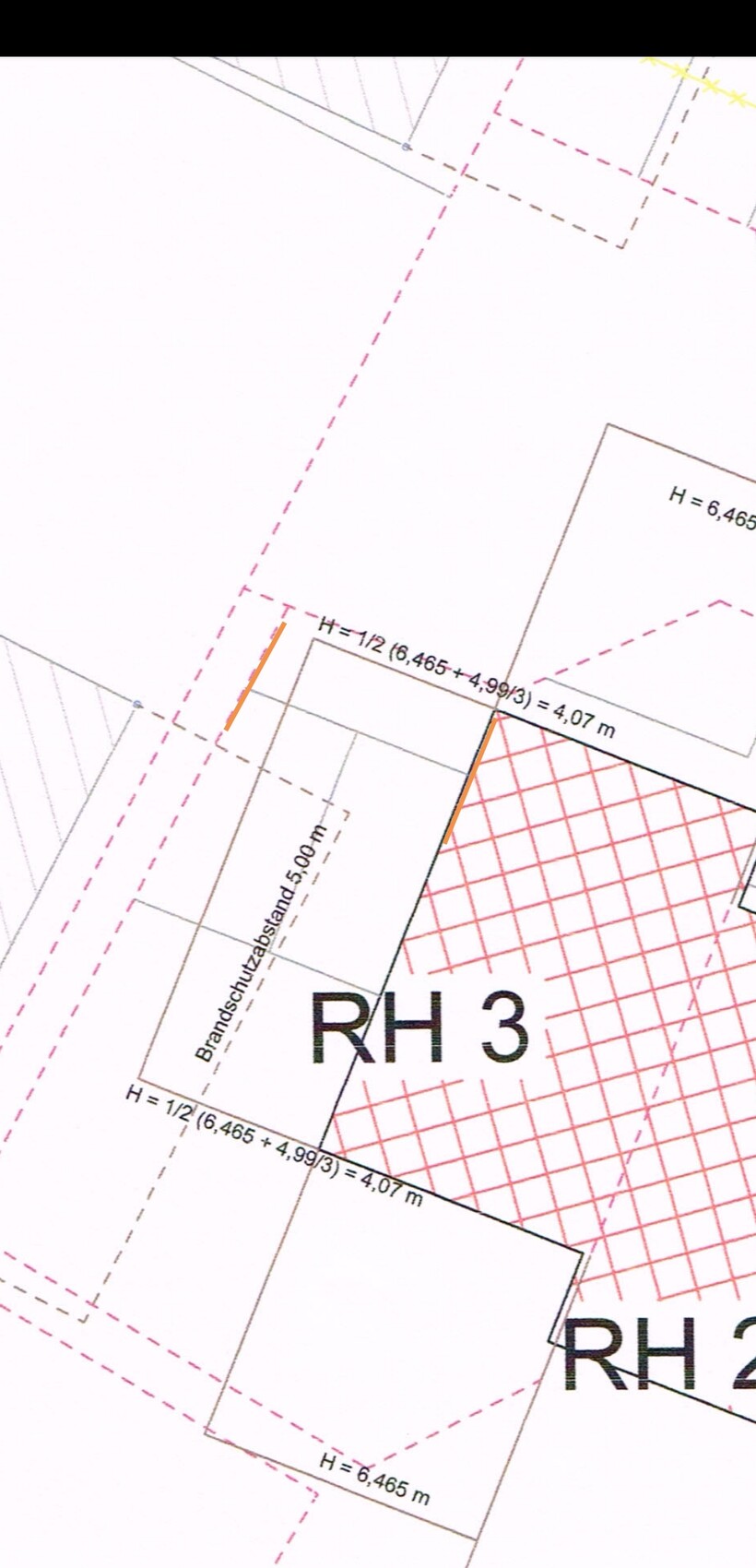 Grundriss eines Plans mit rot schraffierter Fläche RH 3, Grenzlinien und Maßangaben.