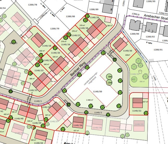 Lageplan eines Wohngebiets mit Häusern, Straßen und Grünflächen am Berliner Ring