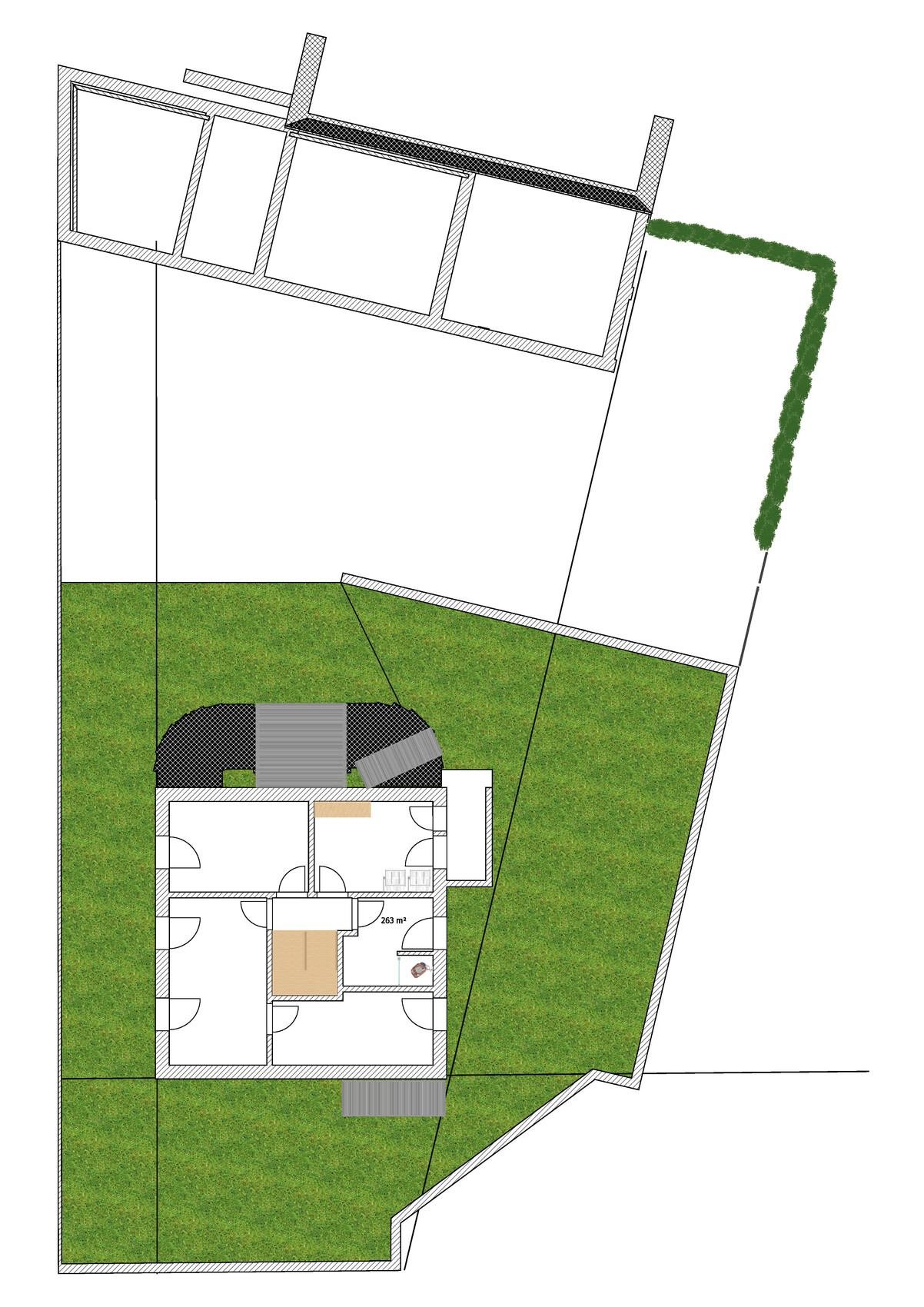 Grundriss eines Hauses mit mehreren Zimmern, umgeben von grünem Garten und Wegen.