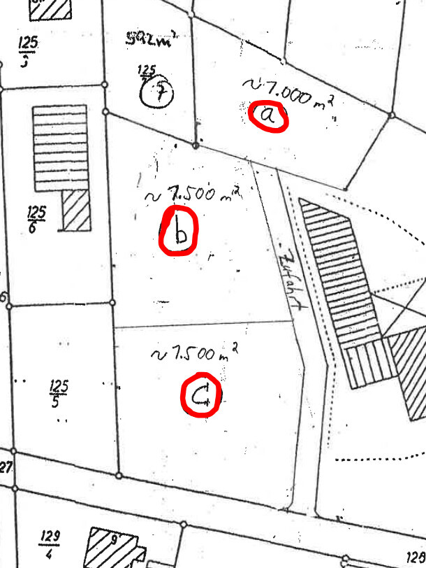 Lageplan eines Grundstücks mit Parzellen A, B und C und Flächenangaben