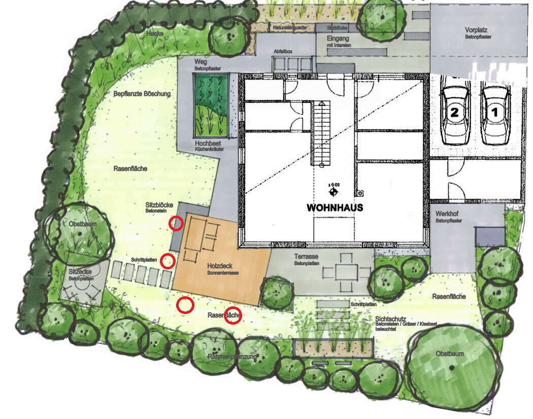 Gartengrundriss mit Wohnhaus, Terrasse, Holzdeck, Rasenflächen, Bäumen und Wegen.