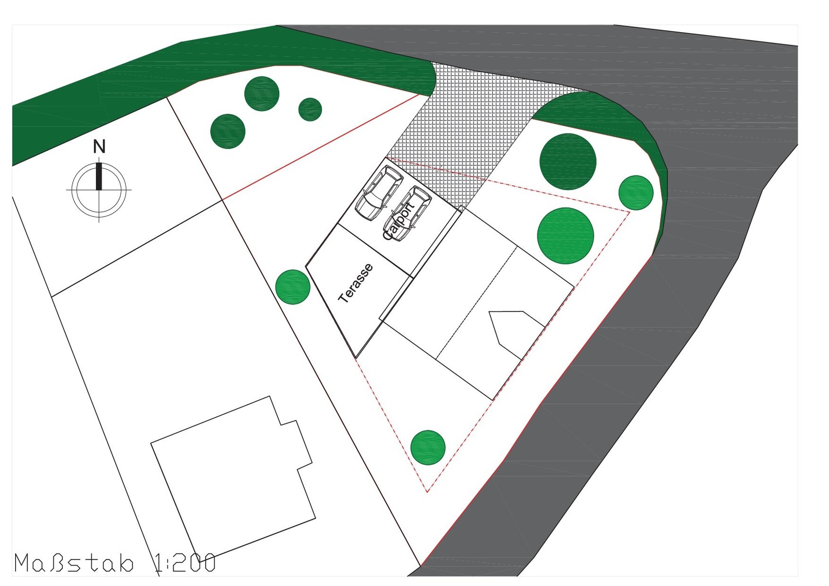 Lageplan eines Grundstücks mit Terrasse, Parkplatz, Bäumen und Nordpfeil; Maßstab 1:200