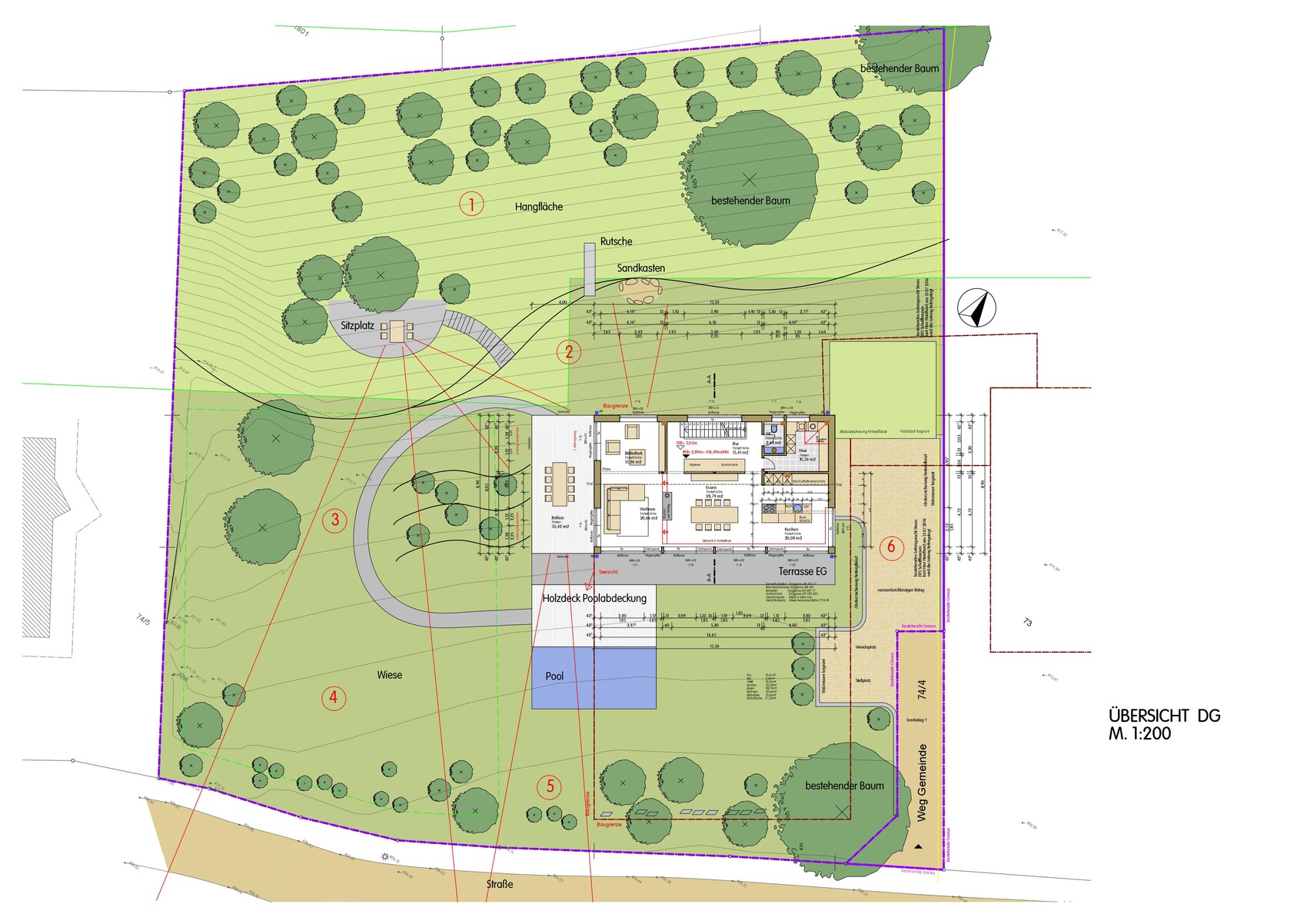 Garten-Lageplan mit Haus, Terrasse EG, Pool, Wiese, Bäumen, Sitzplatz, Sandkasten und Wegen.