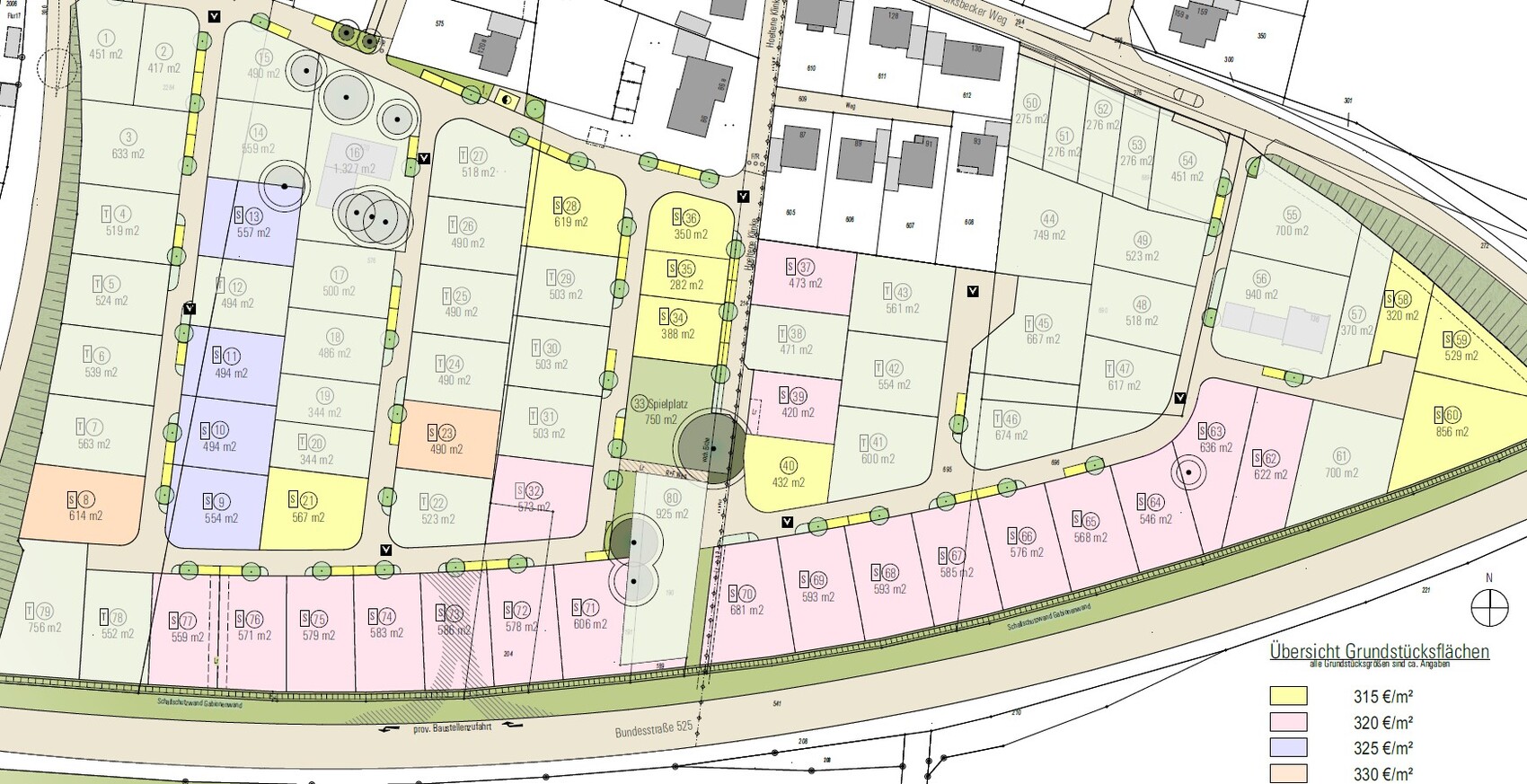 Lageplan einer Siedlung mit farbigen Parzellen, Straßen und Bäumen.
