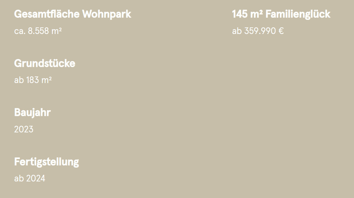 Wohnpark: ca. 8.558 m², 145 m² Familienglück, Grundstücke ab 183 m², Baujahr 2023