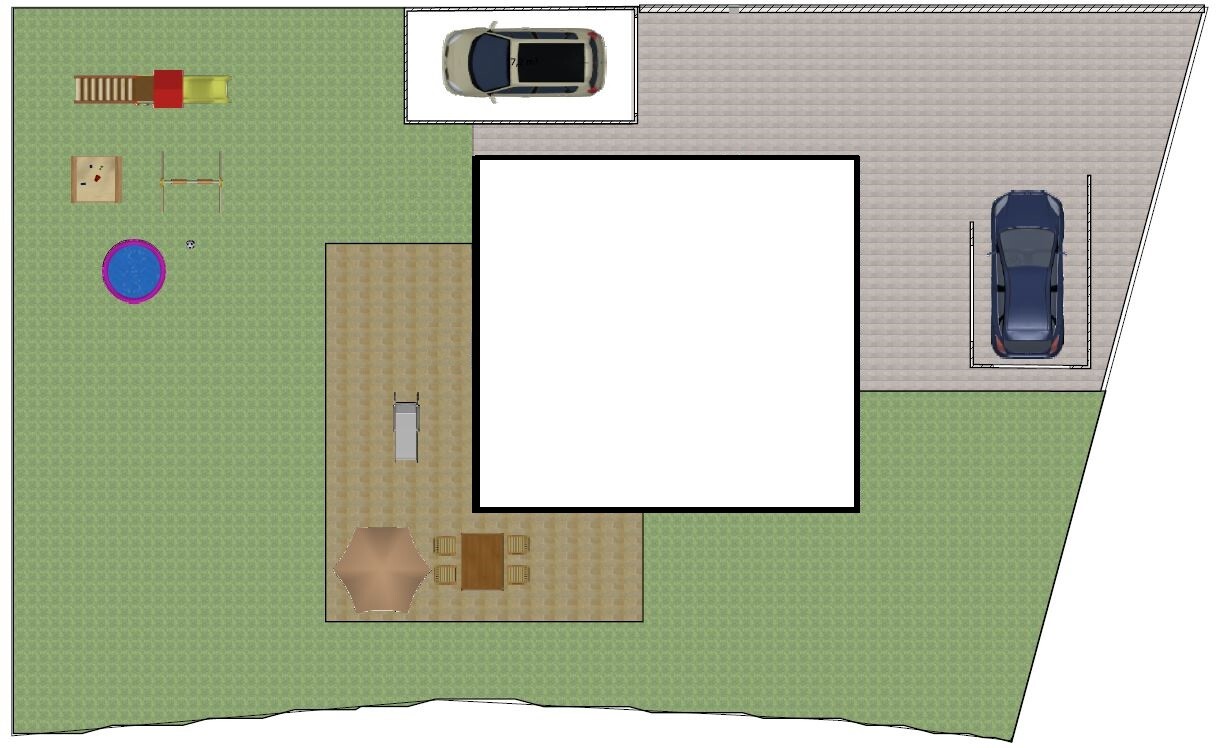 Lageplan: Haus mit Terrasse, Garten mit Spielplatz, Pool und zwei Parkplätze.