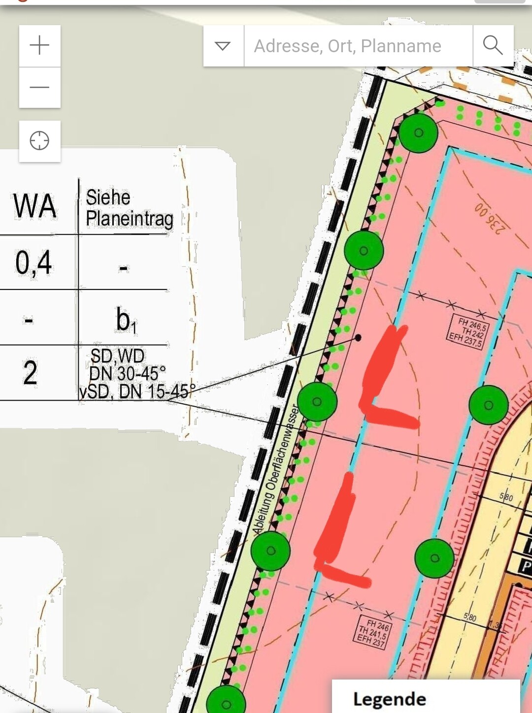Kartenplan eines Baugebiets: pinke Zone, grüne Bäume, Legende sichtbar.