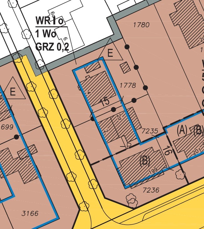 2D-Grundstücksplan mit blauen Gebäudeflächen und gelben Straßen