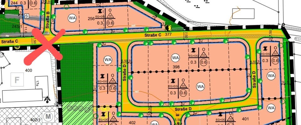 Bebauungsplan mit orangefarbenen Bauflächen, gelben Straßen, grünen Bäumen; roter X markiert links.
