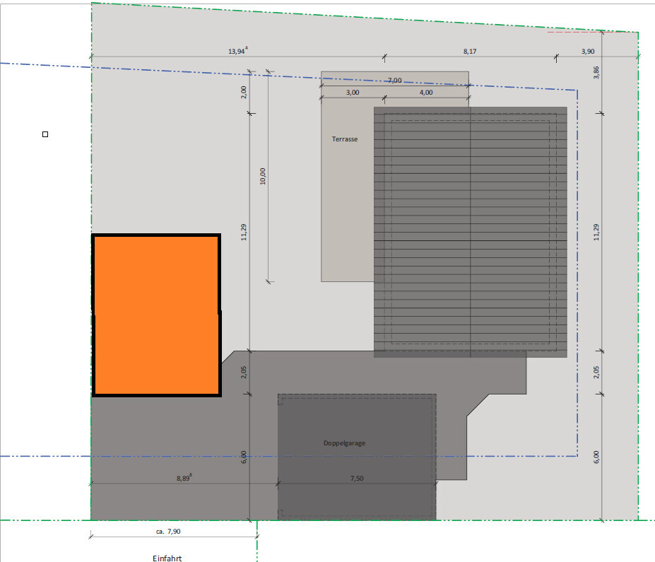 Lageplan eines Grundstücks mit Haus, Terrasse und Garage