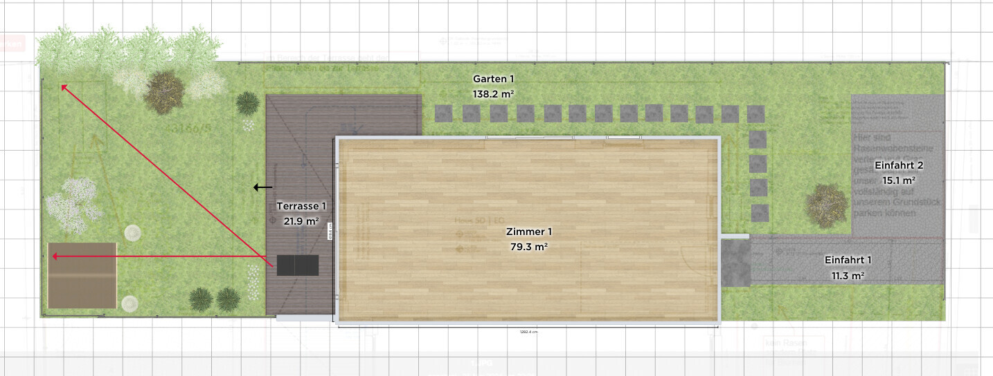 Grundriss eines Hauses mit Terrasse links, großem Garten, Zimmer 1 in der Mitte und Zufahrt rechts.