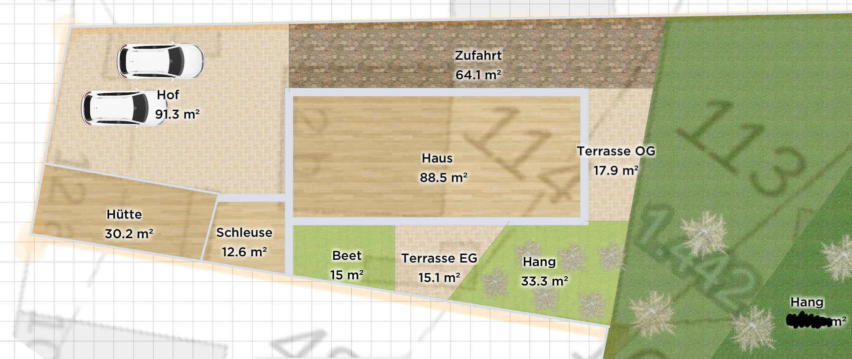 Grundstücksplan mit Haus, Hof, Zufahrt, Terrassen, Hütte, Beet und Hang.