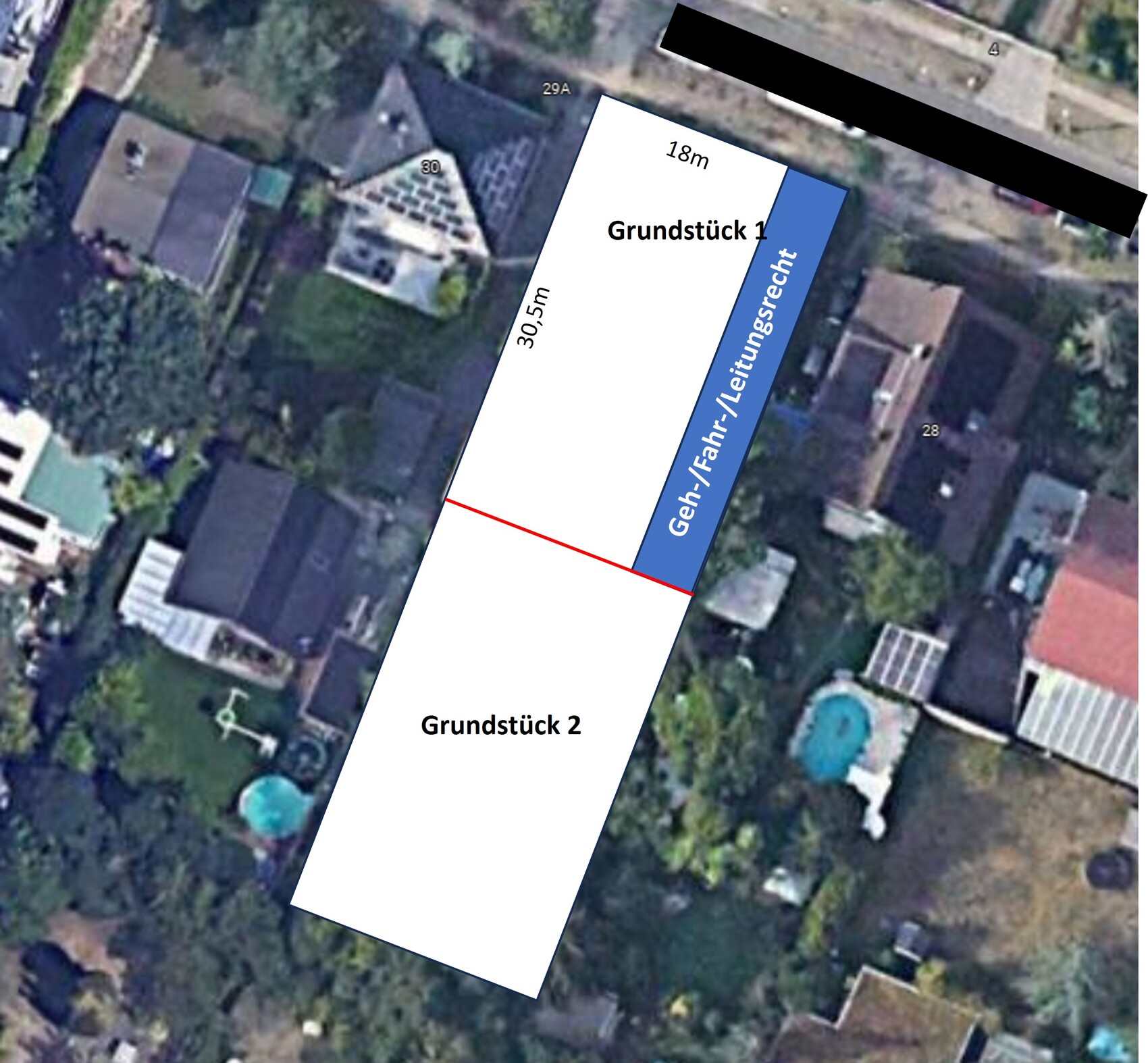 Satellitenbild: zwei Grundstücke 1 und 2 mit rotem Trennband und blauem Leitungsrecht